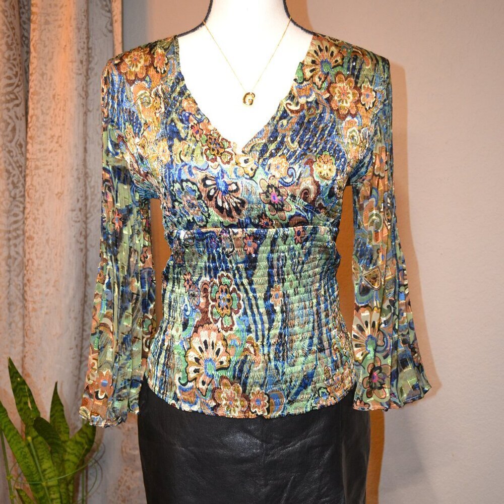 Y2K Alberto Makali Crinkle Top with Accordion Bell Sleeves | Labeled Size L